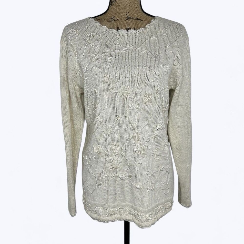 Worthington Floral Embroidered Sweater Sz M‎ Ivory Vtg Romantic Feminine Cottage